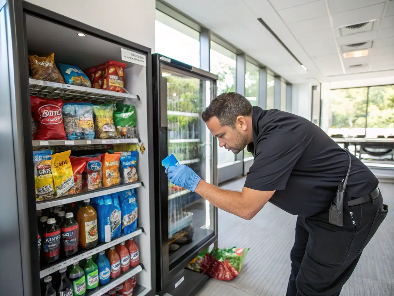 A person is carefully stocking a vending machine with a variety of snacks and drinks from a VendoLaunch starter bundle. The products are neatly arranged, and the person is smiling, showing the ease of stocking.