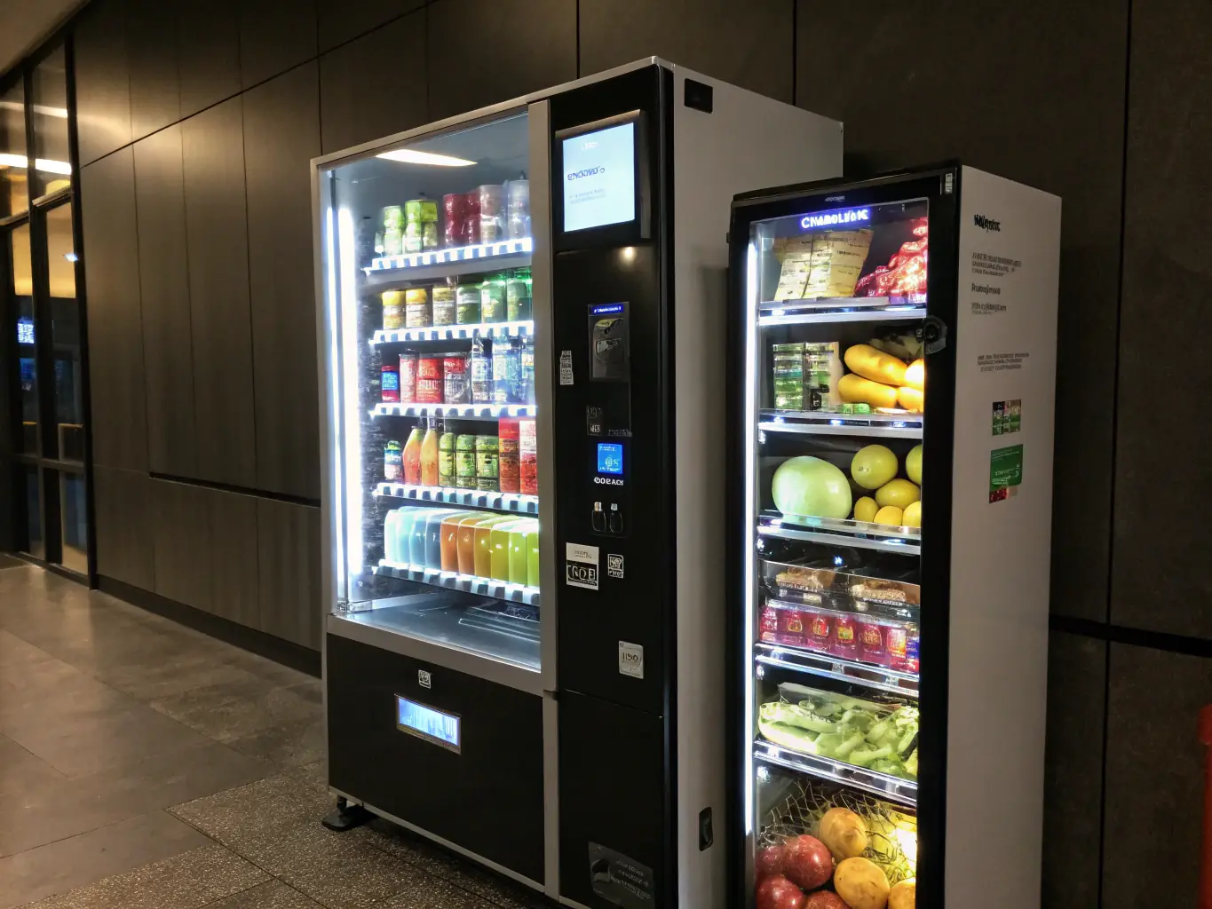 A close-up shot of a modern vending machine filled with various snacks and drinks, highlighting the ease of stocking and managing the machine.