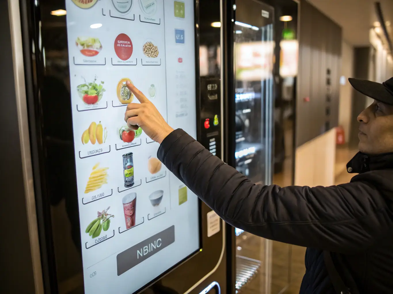 A close-up shot of a vending machine's digital display showing sales numbers increasing. Coins and bills are visible in the payment slot, and a satisfied customer is seen taking a snack from the machine.