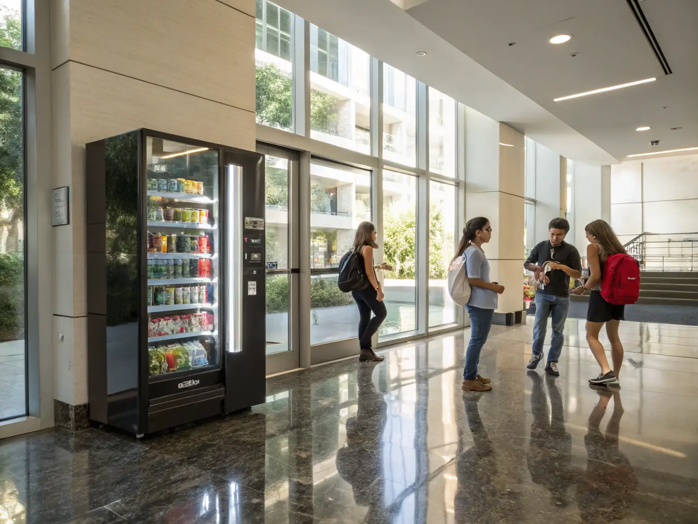 A brightly lit, modern vending machine is placed in a busy office lobby, with people walking by and interacting with it. The vending machine is stocked with a variety of snacks and drinks, and a person is selecting an item.