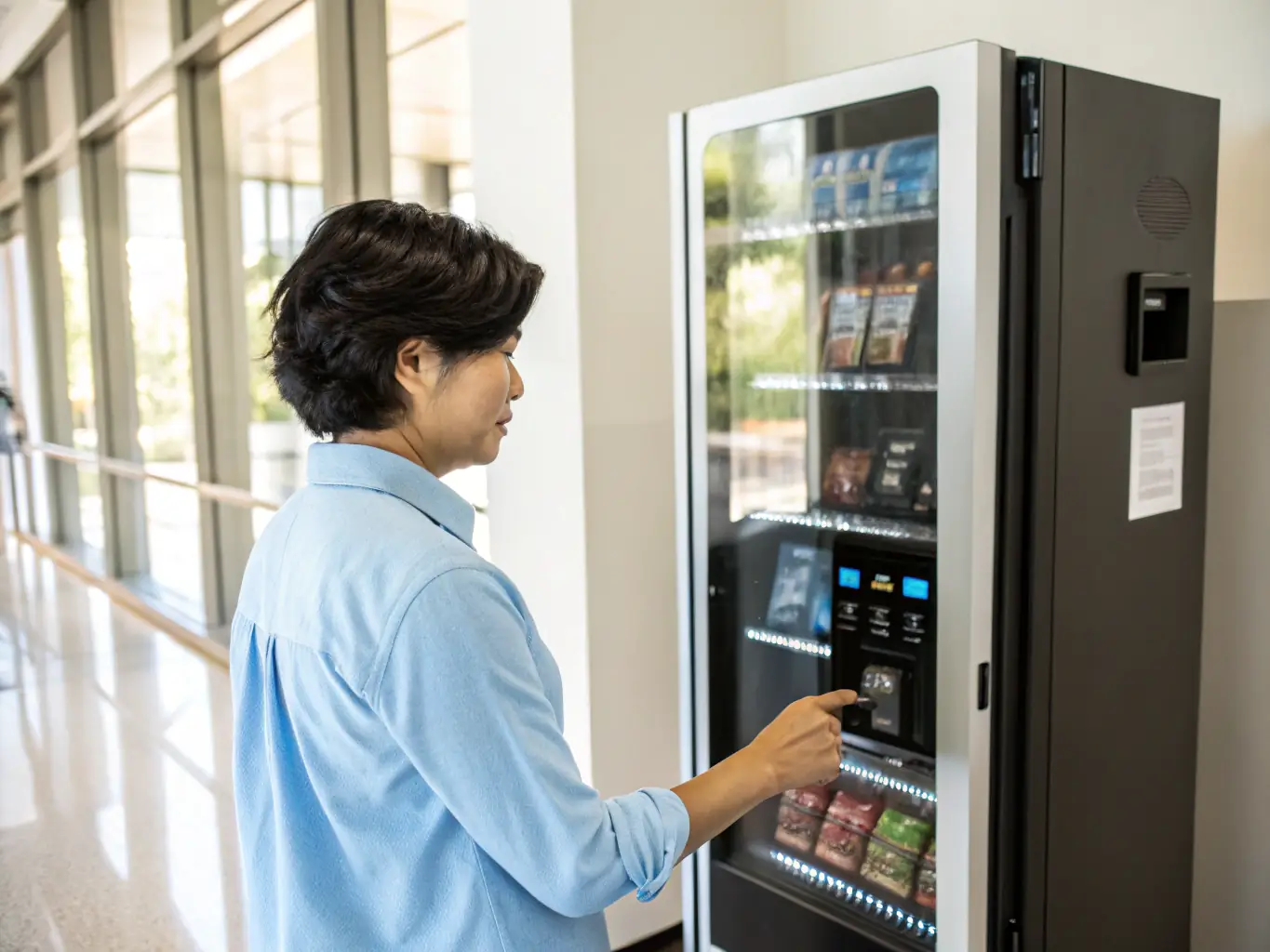 A person smiling and counting money next to a vending machine, emphasizing the benefit of keeping 100% of the profits.